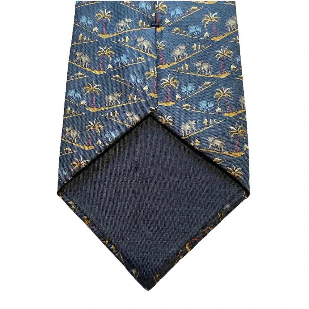 Jim Thompson Silk‎ Mens Tie Elephants Palm Trees Blue Thailand 3.5